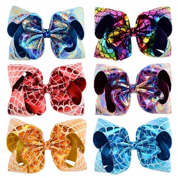 

8" Large Colorful Print Fish Scale PU Leather Hair Bows Clip Kids Hairpin Hairgrips Hair Accessories for Girls Baby Hair Pins