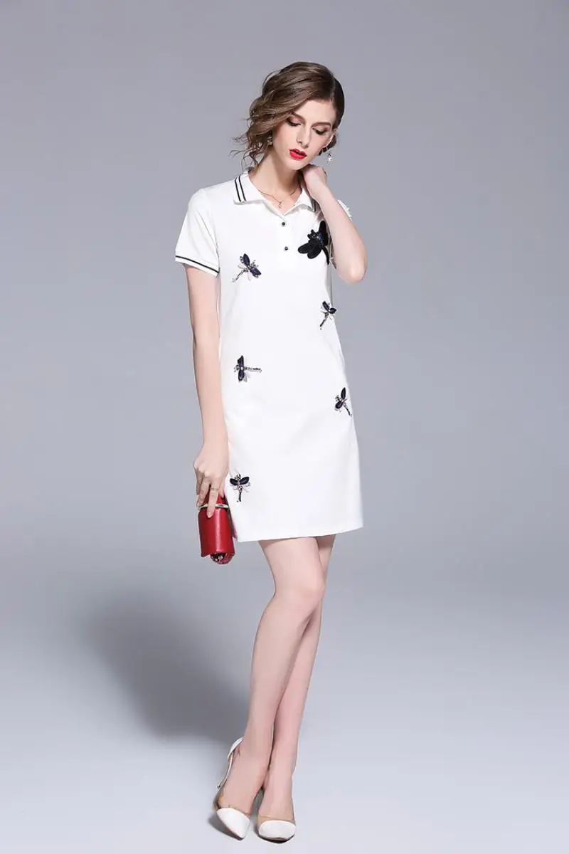 New Arrival 2018 Brand Clothing Summer Short Sleeved T-shirt Dress Women Embroidery Beading Casual White POLO Shirt Dress S-XXL