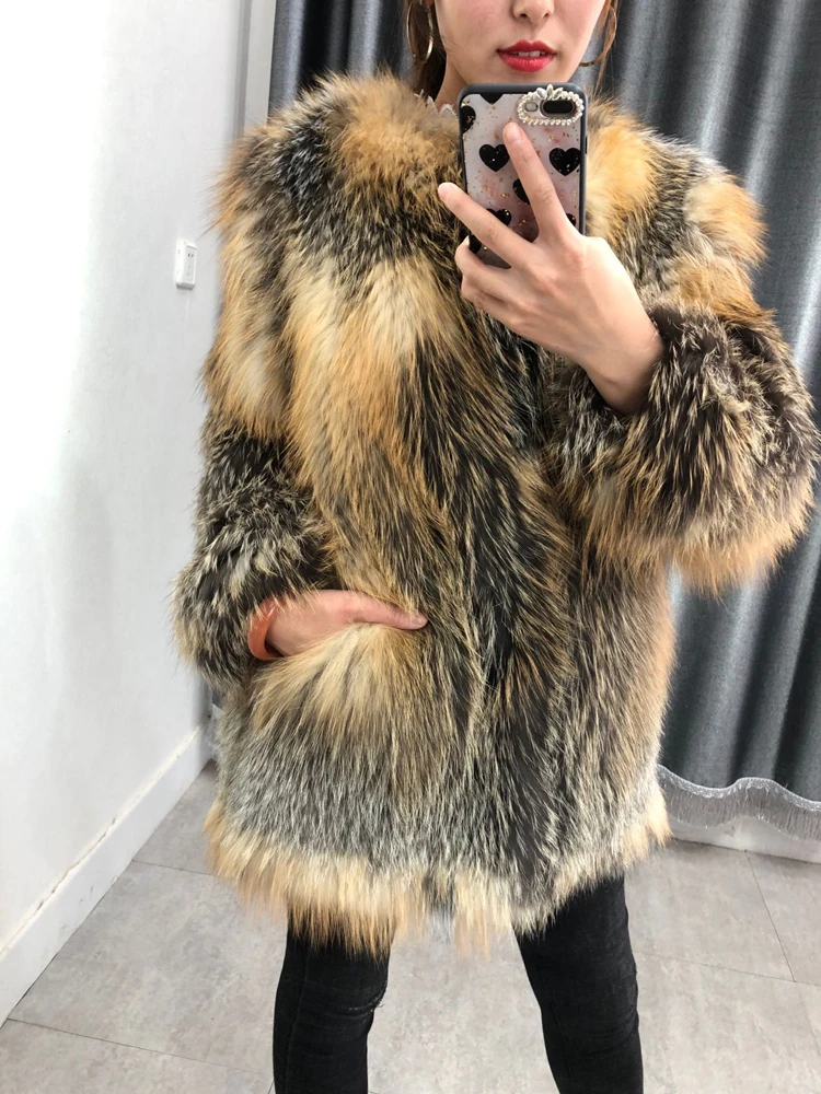 

Women simple real fox fur knitted jacket female winter medium long fur coat o-neck thin outerwear
