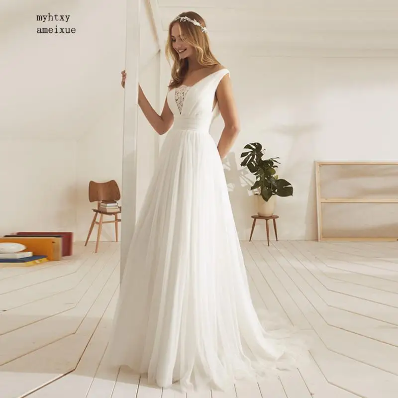 

Cheap Sexy Beach Wedding Dress 2019 Appliques Tulle Princess Boho Wedding Gowns Pleats Open Back Bridal Dress Vestido De Noiva