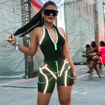 

Women High Waist Biker Shorts Yoga Workout Luminous Leggings Pants Zipper Off Shoulder Bodysuit Jumpsuit Bodycon Sport One-piece
