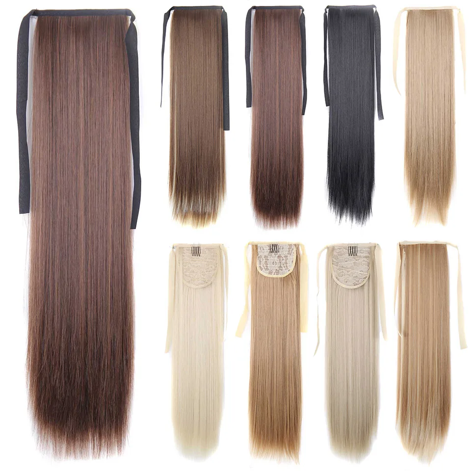 

AISI BEAUTY Long Straight Synthetic Drawstring Ponytail Hairpieces Clip in Hair Extension for Women Black Browm Heat Resistance