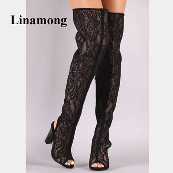

2018 Spring And Autumn Black Lace Flower Long Tube Over-The-Knee Peep Toe Women Boots Fashion Sexy Square Heel Solid Boots