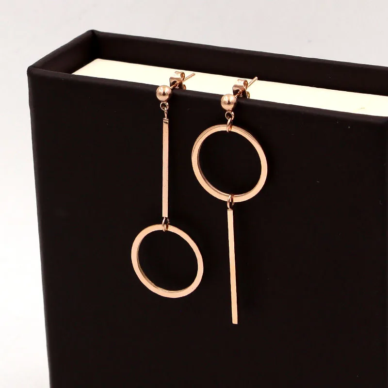 

Fashion Stainless Steel Dangle Geometric Round Circle Asymmetry Drop Earrings Rose Gold Color Women Party Wedding Gift