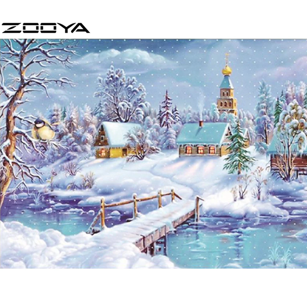 

ZOOYA Diamond Embroidery Landscape Trees And Houses In DIY Snow Winter Diamond Paint Strass Decoration Painting For Home AT1649