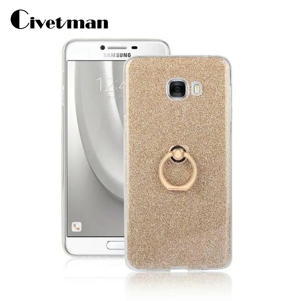 

Cover Case For Samsung Galaxy C7 C7000 TPU Silicone Transparent C7 Pro C7010 Phone Shell Flash Glitter Powder Finger Ring Stent