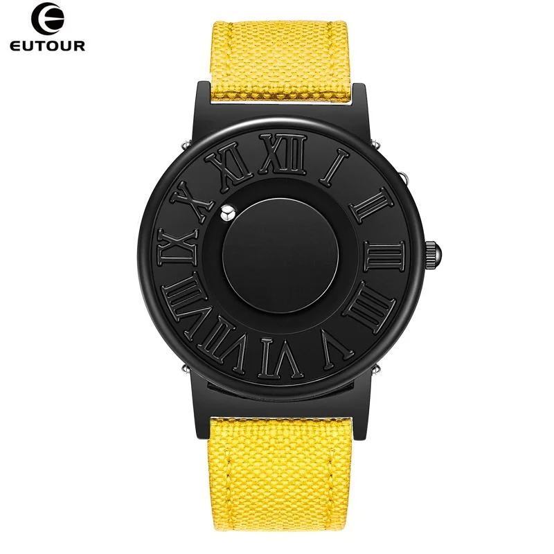 EUTOUR часы мужские холст кожаный ремешок мужские часы магнитный шар показать кварцевые часы модные мужские часы наручные часы - Цвет: Yellow Canvas Strap