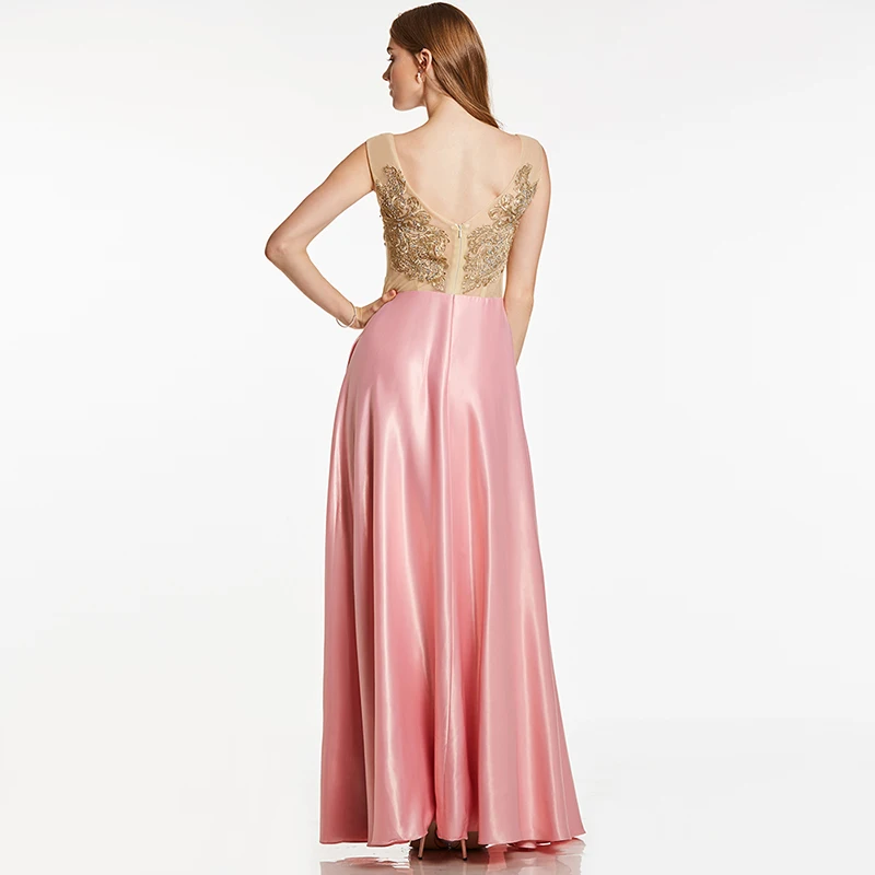 Tanpell appliques evening dress pink bateau neck sleeveless floor length a line gown cheap women formal prom long evening dress