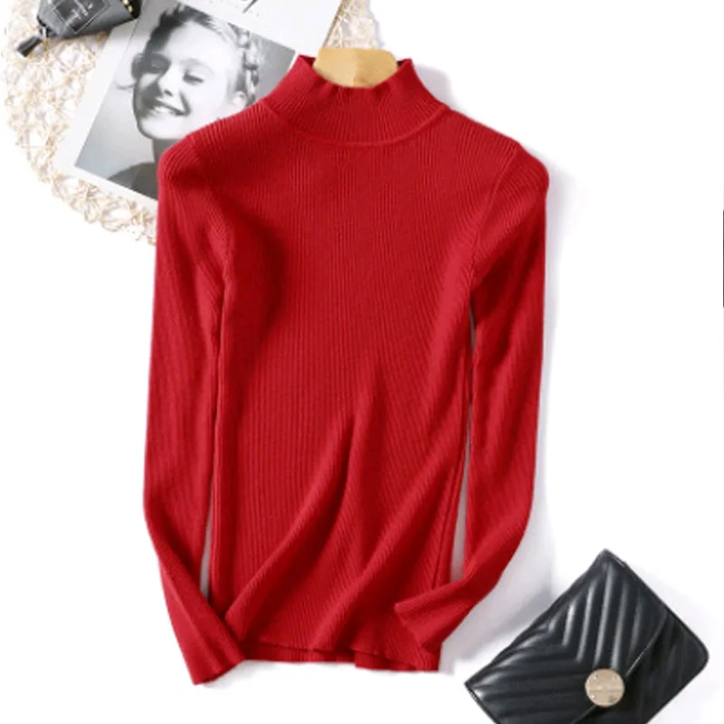 Yanueun, Женский однотонный вязаный свитер с высоким воротом и пуловер, Осень-зима, тонкие базовые мягкие топы, женская одежда