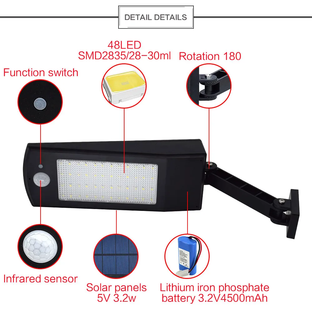 900lm 48Led Солнечный настенный светильник Открытый водонепроницаемый светильник ing для сада 4 режима с Rotable Pole Солнечная мощная лампа