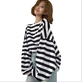 

Autumn Women's Loose Long Sleeve Striped Bat Sleeve Casual T-Shirt
