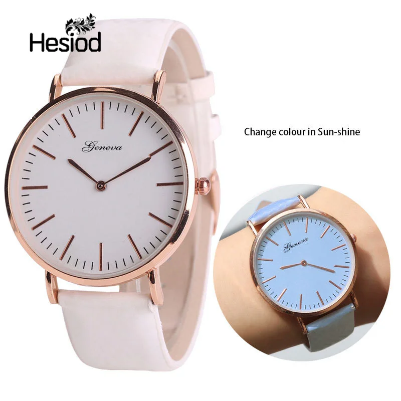 

Hesiod Simple Design PU Leather Dress Watch Lady Casual Leather Watch Temperature Change Color in the Sun Fashion Couple Watch