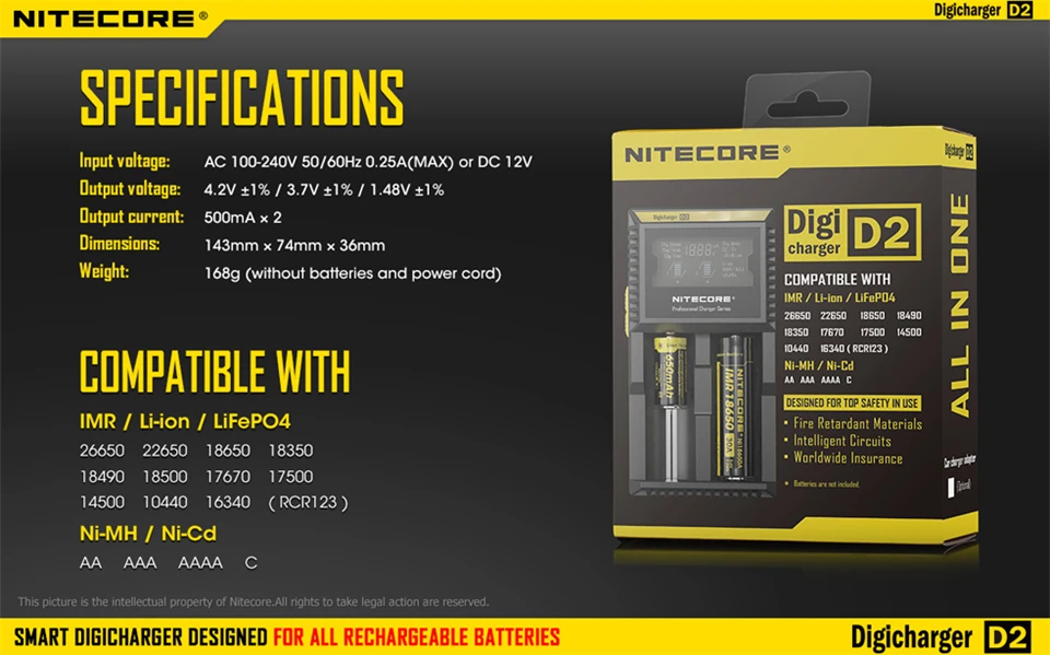 Бренд Nitecore D4 I4 I2 D2 Digicharger ЖК-дисплей интеллектуальной интегральной схемой литий-ионный аккумулятор для 26650 18650 18350 16340 14500 10440 AA AAA 22650