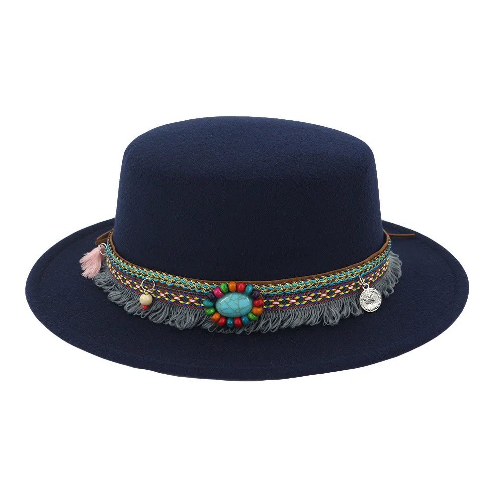 Горячие Для женщин широкими полями шерстяной ремень чувствовал Flat Top Fedora Hat вечерние церкви мягкая фетровая шляпа Кепки элегантный высокий