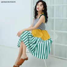 Fresh Preppy Style Cute Frill Spaghetti Straps Plaid Patchwork Striped Dress Women Bohemian Beach Dress Sleeveless Sundress girls striped frill trim dress