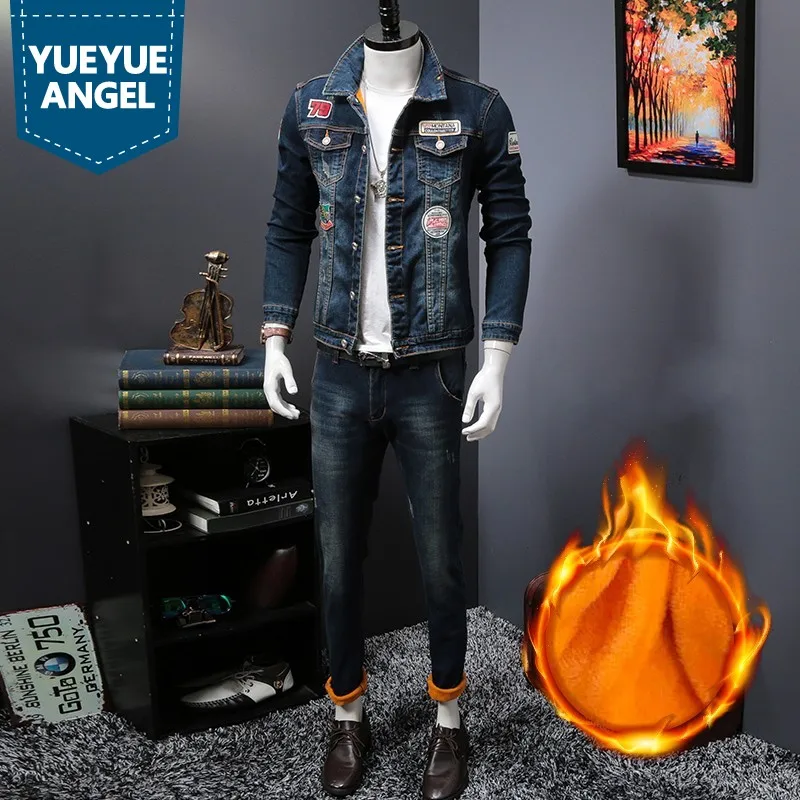 

Winter Men Denim Velvet Thick Coat New Korean Slim Patchwork Warm Cowboy Jackets Tops Biker Trousers Two Piece Set Male S-3XL