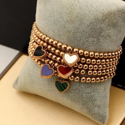 

Fashion Double-sided Peach Heart Beads Stretch Rope Titanium steel ROSE Gold Color bracelet ,Hearts charms bracelet for girls