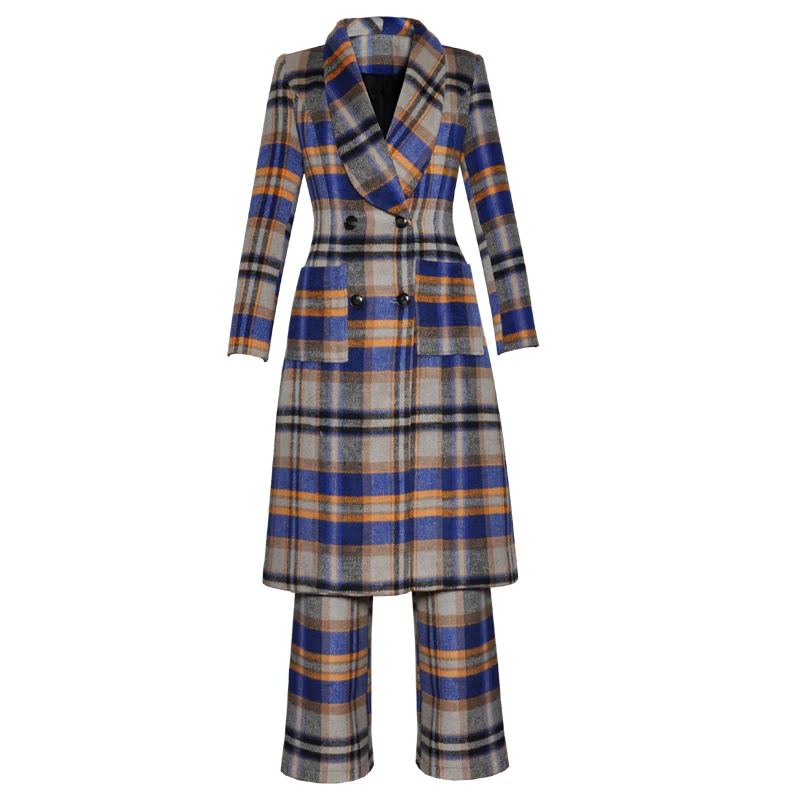 

Hot Sale Women Plaid Wool Coat Fashion Double Breasted Winter Warm Coat With Trousers K1030