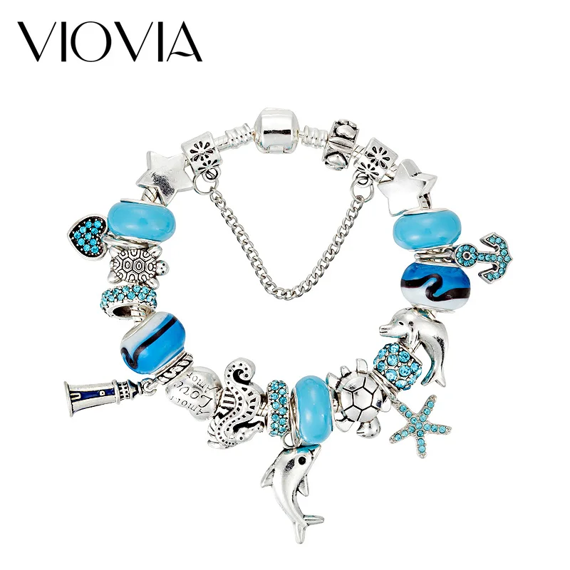 VIOVIA Fashion Dolphin Charm Bracelet for Women Blue Murano Glass Beads Starfish Fit Original Bracelets DIY Jewelry Gift B17009