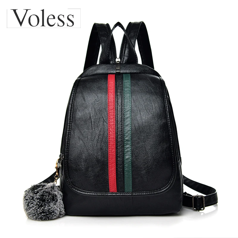 

VOLESS Brand Women Backpack Fashion Fur Ball Ladies Bag Luxury bags Women Bags Designer Travel Backpacks Patchwork Back Pack