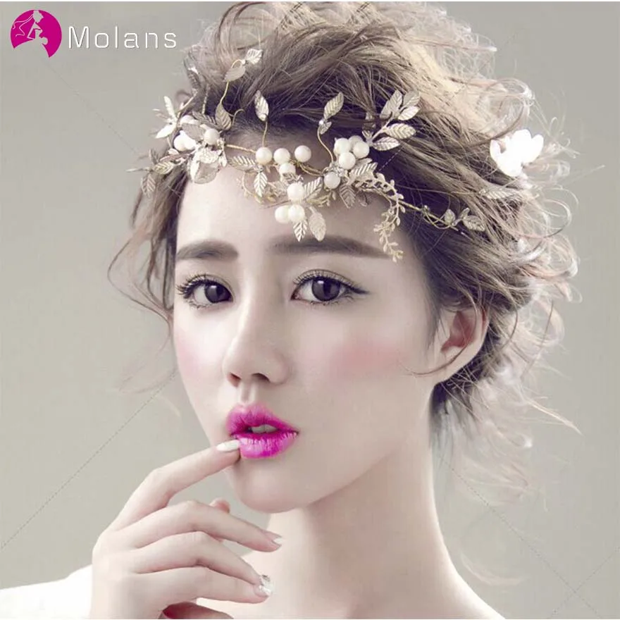 

MOLANS Temperament Handmade Golden Leaves Bridal Hair Accessories Pearl Twisted Flexible Chain Front Ornament for Wedding Crown