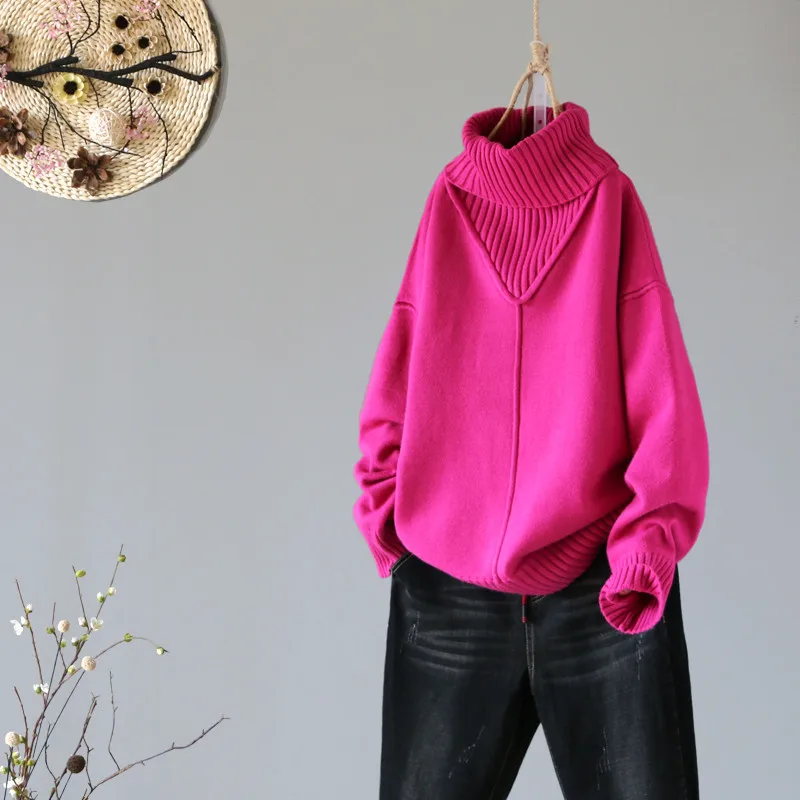 

2019 winter new turtleneck women sweaters and pullovers hot pink loose thicken warm lady pulls all match outwear coat tops