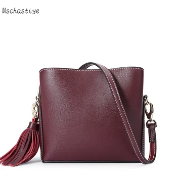 

Mschastiye Genuine Leather handbags Wine Red women messenger bags with tassel women flap shoulder bags solid Mini flap bags 2018