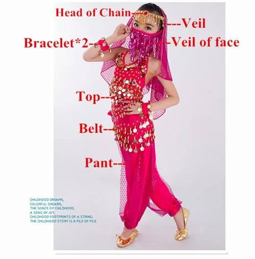 Танец живота Костюм для детей девочек восточный индийский Египетский костюм платье танец живота Болливуд костюмы топ брюки пояс вуаль - Цвет: Rose Red 7pcs