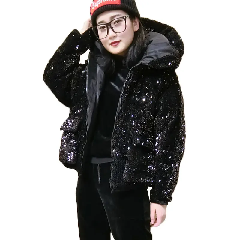 

Sequin Basic Coats Winter Jacket Women Short Parkas 2019 Hooded Warm Down Cotton Jackets Thick Motorcycle jacket Streetwear 748