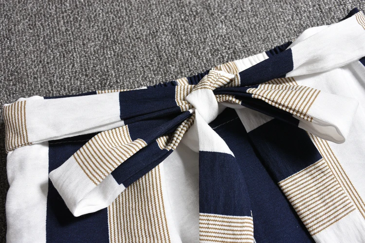 Europe Style Summer 2 Pcs Sets Women Flare Sleeve Ruffles Lace Up Blouses Shirts Tops And Stripped Print Pants Suit Set NS154