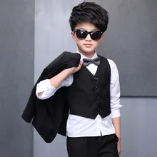 Модные брендовые комплекты одежды для мальчиков, черный хлопковый Детский костюм из 5 предметов: блейзер+ штаны+ жилет+ рубашка+ галстук, деловой детский Свадебный костюм для мальчиков