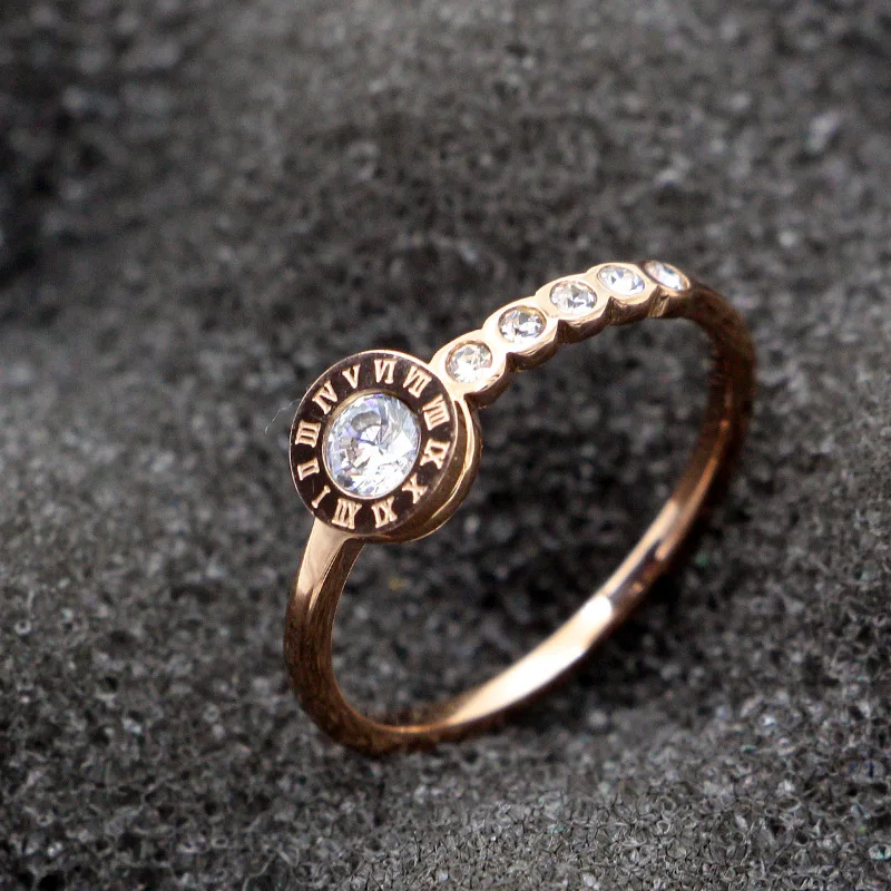 

Fashion Brand Love Round Roman Numerals Crystal Engagement Ring Rose Gold Color Stainless Steel Women Wedding Gift