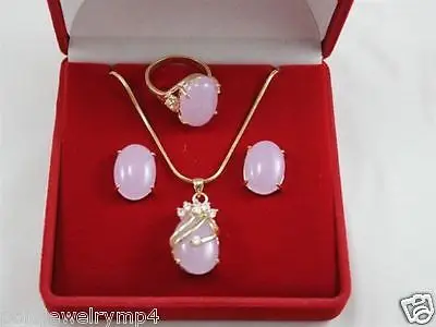 

Jewelry Purple Jade Ring Stud Earring Pendant Set >AAA 18K GP Plated gold Bridal wide watch wings queen JEWE