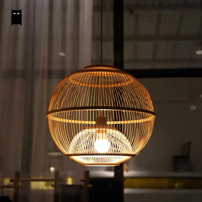 

Bamboo Wicker Rattan Ball Cage Pendant Light Fixture Asian Rustic Japanese Creative Hang Lamp Fitting Foyer Living Dining Room