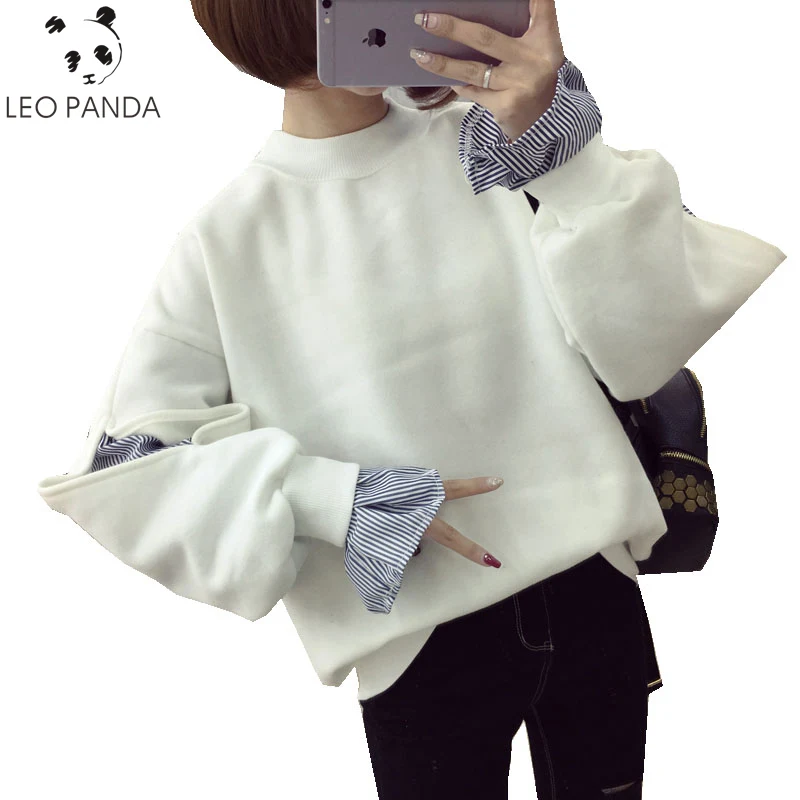 Spring Autumn New Women Striped Fake Two Piece O-Neck Sweatshirts Loose Casual Fashion Drop-Shoulder Harajuku ZX639 | Женская одежда