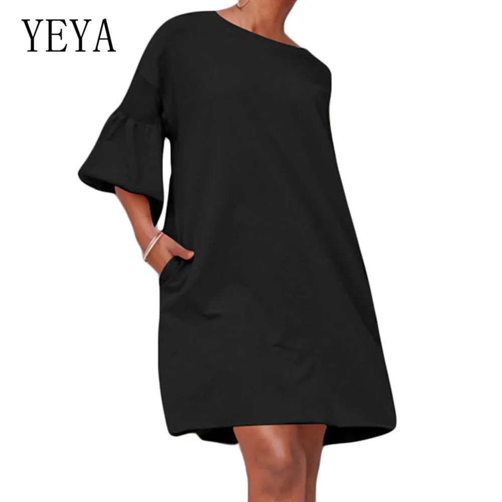 

YEYA Explosion Models Cute Casual Trumpet Sleeve O-neck Loose Dress Summer Women Fashion High Street Black Dress Plus Size XXL