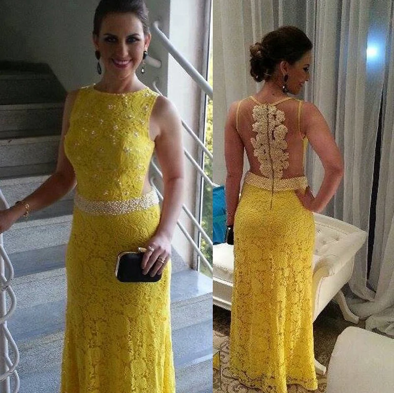

Lace Yellow Long Mother of the Bride Dresses With Pearls 2019 Sleeveless Modest Women Formal Occasion Dress Vestido De Gala