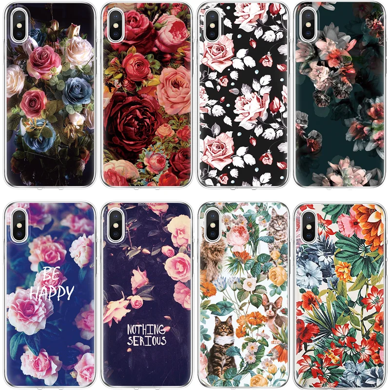

TPU Case For iPhone X 7 8 Plus Rose Floral Cover For iPhone 6 6S 5 5S 4 4S Plus Funda For iPhone 5C SE Flower Leaves Phone Shell