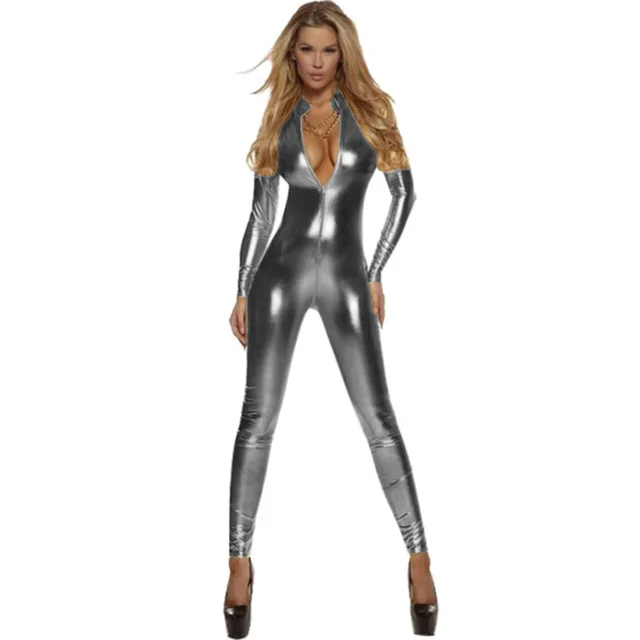 Black Widow costumes Sexy Shiny Cat Suit Women Silver Metallic Unitard