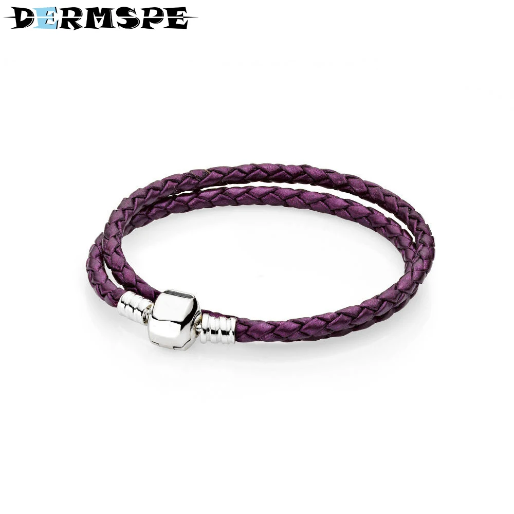 

DERMSPE 925 Sterling Silver Purple Braided Double-Leather Bracelet Fit Charms Women Fashion Gift Merry Christmas Jewelry