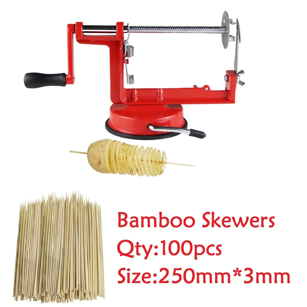 Free Shipping 1Set Red Twisted Potato Apple Slicer Spiral French Fry Cutter Slicer +100pcs/Bag Thin Bamboo Skewers (00202A)