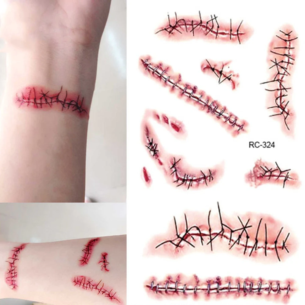 

1PC Halloween Scar Tattoos Stickers Bloody Costume Makeup Halloween Decoration Horror Wound Zombie Scary Blood Injury Sticker