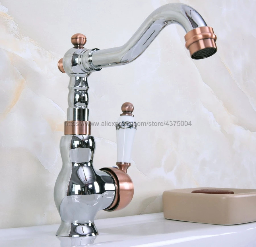 Deck Mounted Single Handle Bathroom Sink Mixer Faucet Polished Chrome And Red Copper Hot and Cold Water Mixer Tap Nnf912