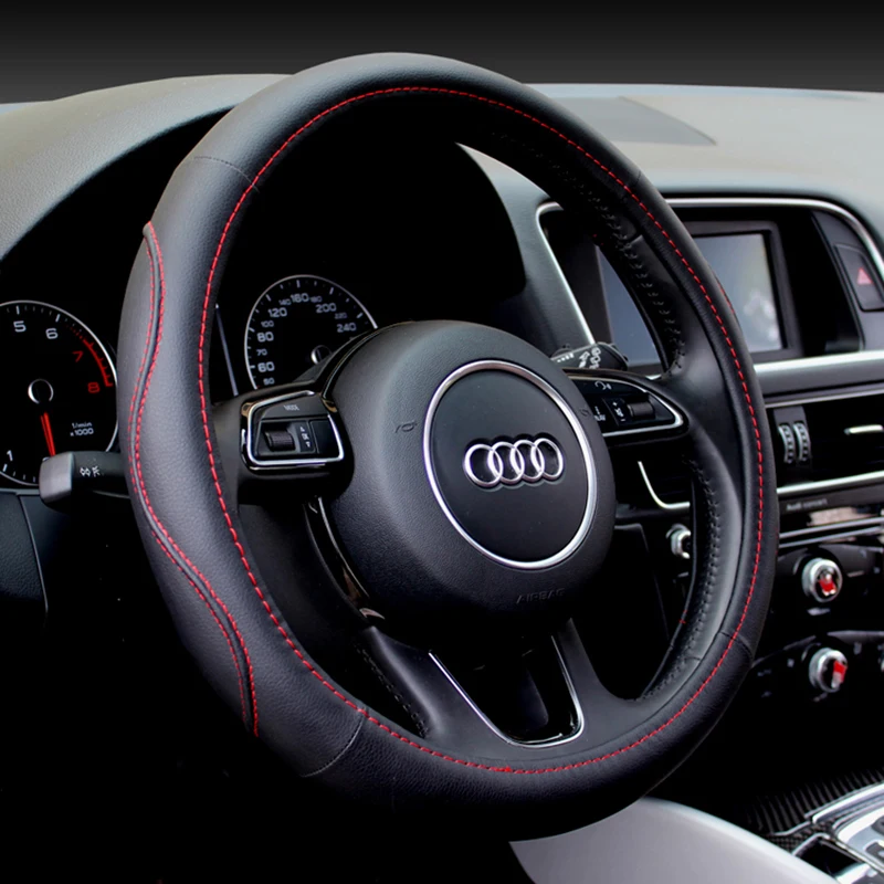 Universal Red 38cm Car Steering Wheel Cover Leather Anti-Slip Sport styling