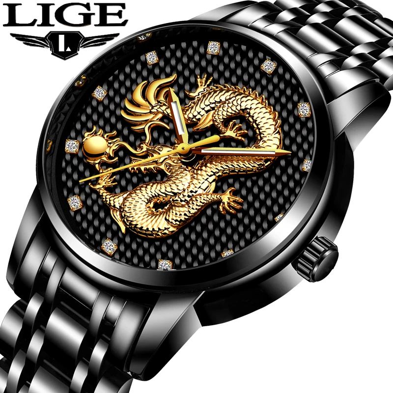 2021 LIGE New Golden Mens Watches Top Brand Luxury Chinese Dragon Watch Business Full Steel Quartz Clock Male Relogio Masculino
