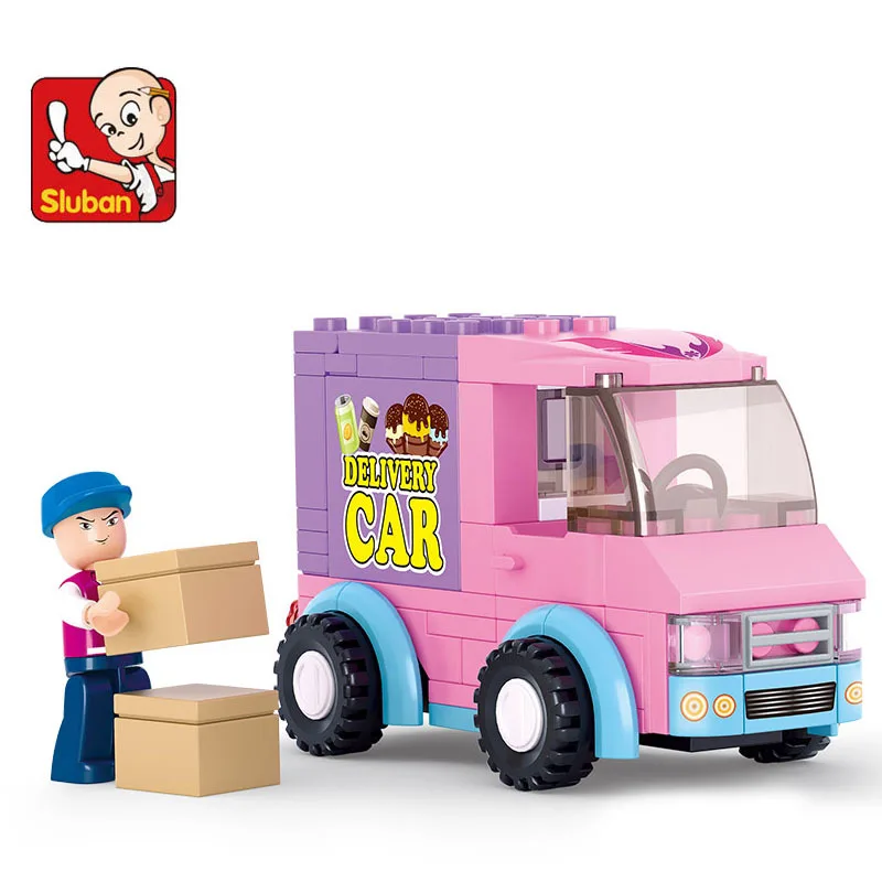 SLUBAN 102Pcs Pink Dream Supermarket delivery trucks Building Blocks DIY Bricks Construction Enlighten Toys brinquedos