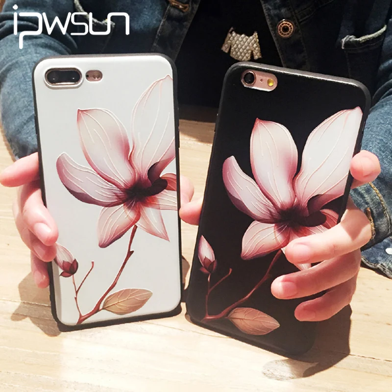 

iPWSOO Beautiful Phone Case For iPhone 6 6S 7 8 Plus X Black White 3D Lotus Flower Relief Soft TPU For iPhone 5 5S SE Phone Case