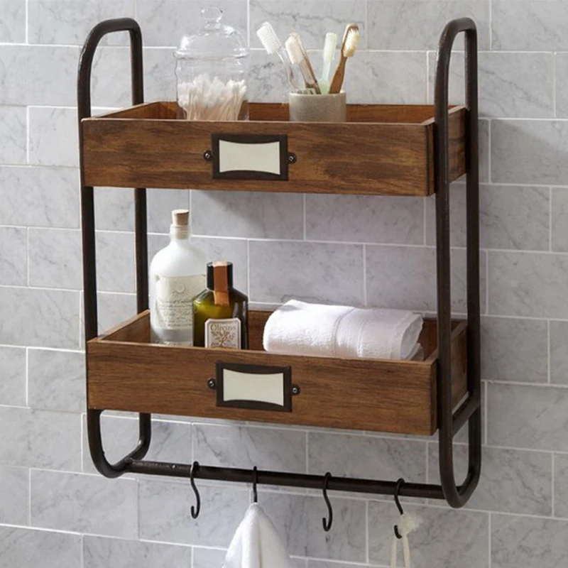 13487 41 De Réductionfer Salle De Bain Porte Serviettes Suspendu étagère De Cuisine Antique Double Support De Rangement Bois Salle De Bain Porte