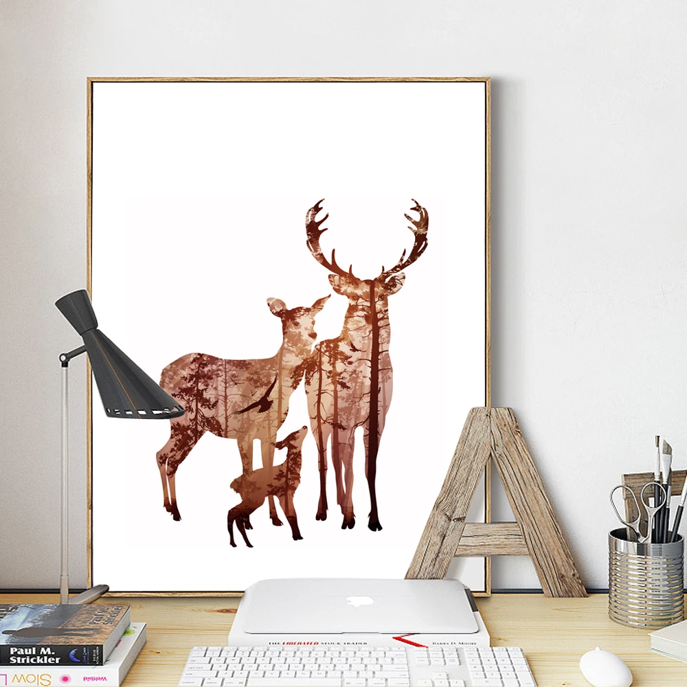 

The Animal Nordic Silhouette of Deer Family with Forest Art Print Painting Poster,Wall Picture For Home Decor No Frame LZ562