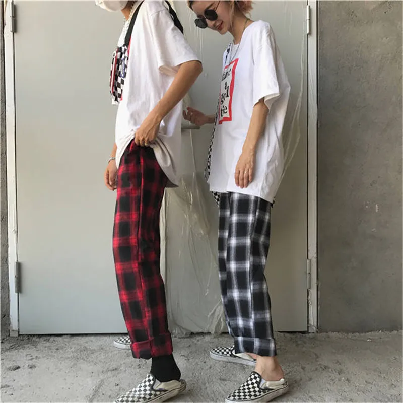 Модные японские брюки летние женские брюки Харадзюку в клетку Mori Girl крутые шаровары с принтом модные повседневные штаны в стиле хип-хоп для женщин